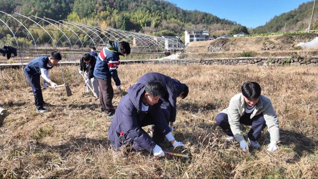 Students participating in hands-on farming activities with local farmers in rural China.